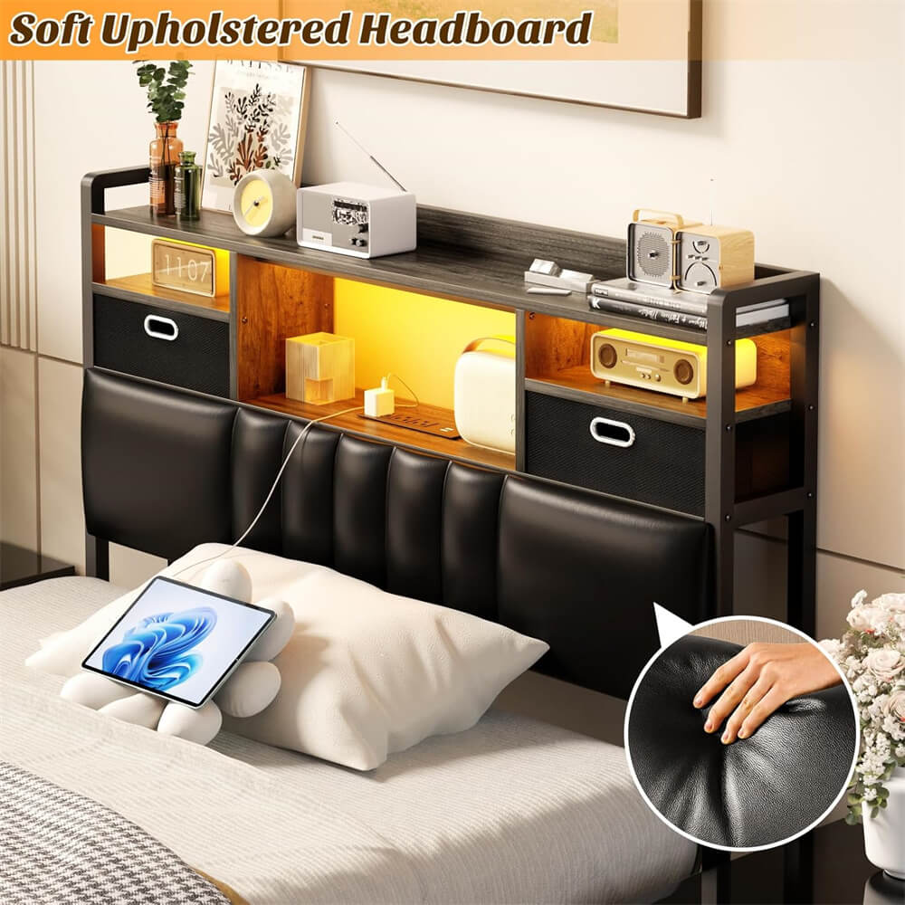 Twin Headboard with Drawer Storage and RGB LED Light, Twin Size Upholstered Headboard with Charging Station and Bookcase