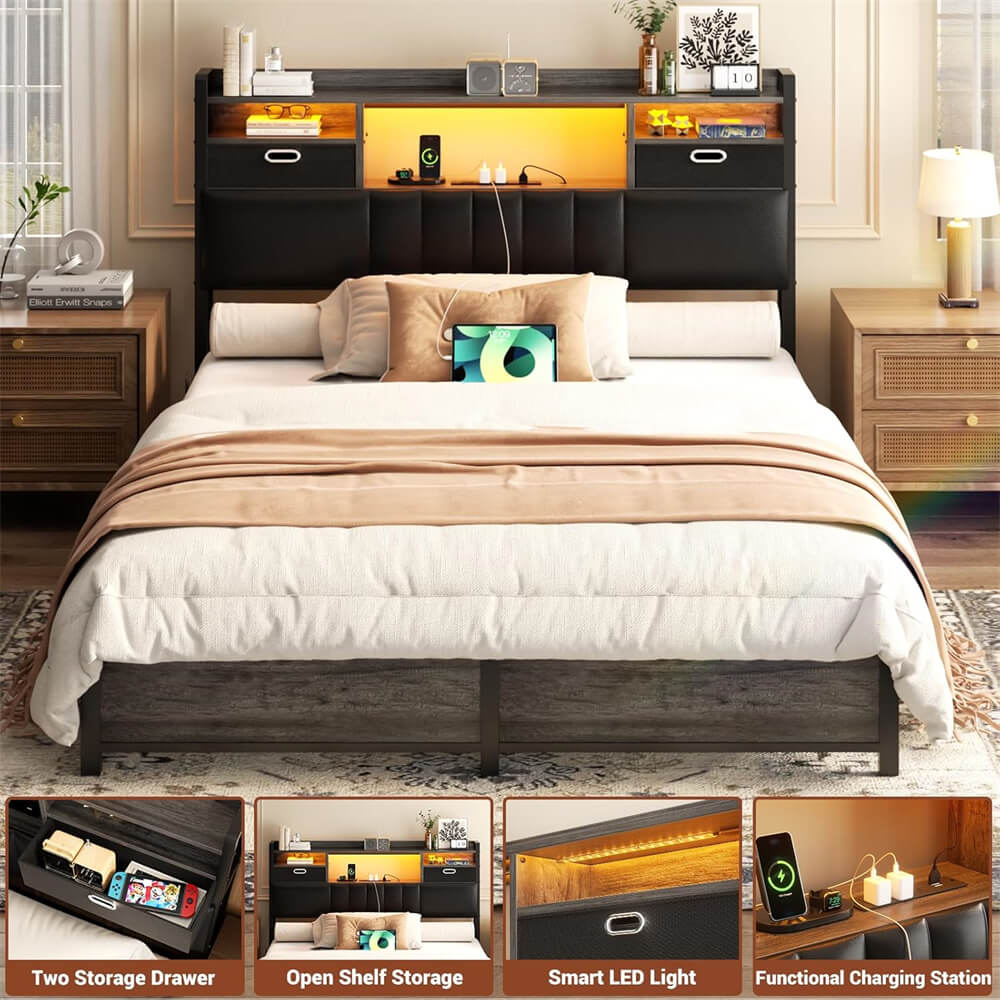 Twin Headboard with Drawer Storage and RGB LED Light, Twin Size Upholstered Headboard with Charging Station and Bookcase