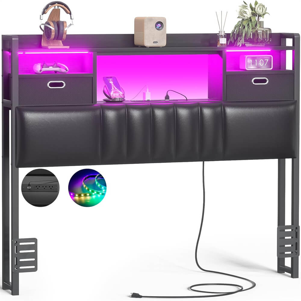 Twin Headboard with Drawer Storage and RGB LED Light, Twin Size Upholstered Headboard with Charging Station and Bookcase