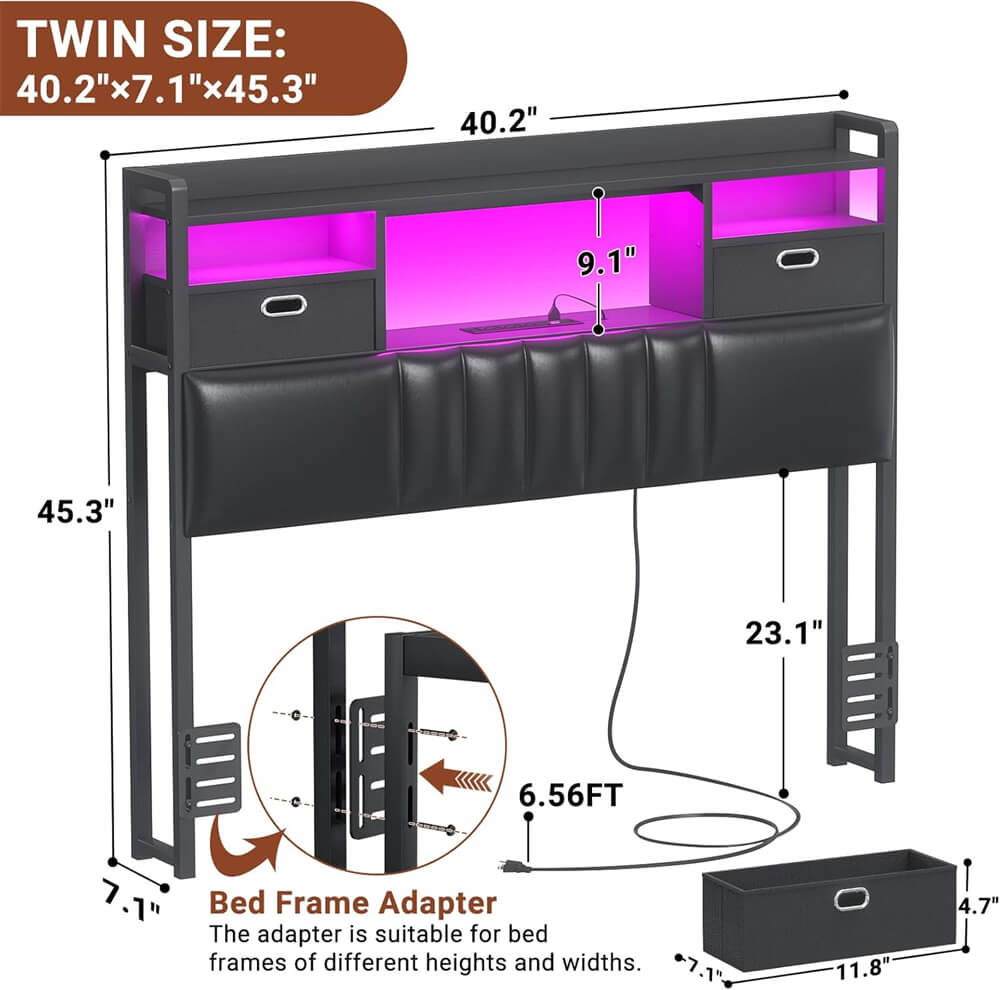 Twin Headboard with Drawer Storage and RGB LED Light, Twin Size Upholstered Headboard with Charging Station and Bookcase