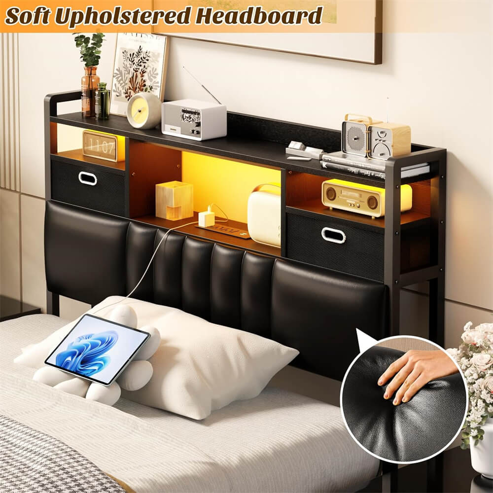 Twin Headboard with Drawer Storage and RGB LED Light, Twin Size Upholstered Headboard with Charging Station and Bookcase