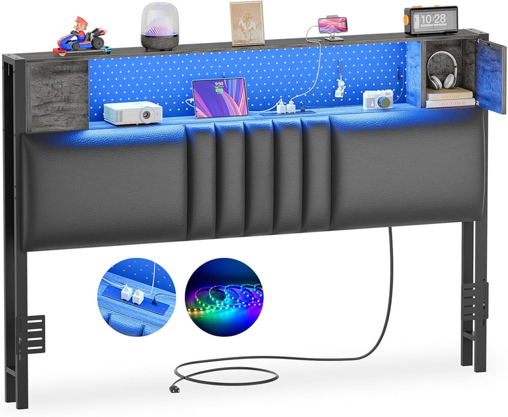 Upholstered Headboard for Full Size Bed Frame with Storage Shelf and Cabinet, Headboards with Outlets and RGB LED Light
