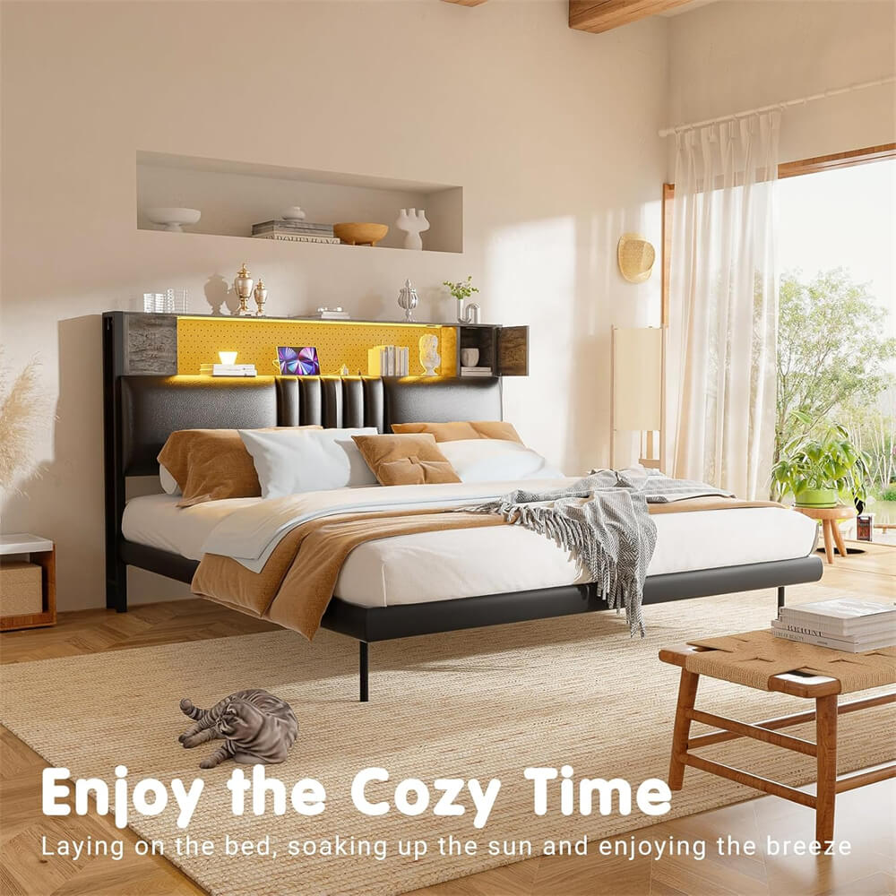 Upholstered Headboard for Full Size Bed Frame with Storage Shelf and Cabinet, Headboards with Outlets and RGB LED Light