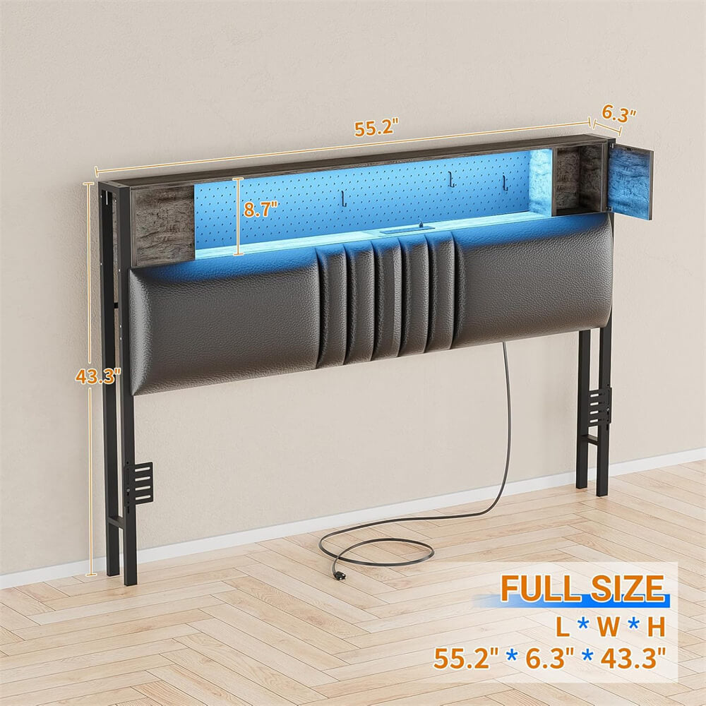 Upholstered Headboard for Full Size Bed Frame with Storage Shelf and Cabinet, Headboards with Outlets and RGB LED Light