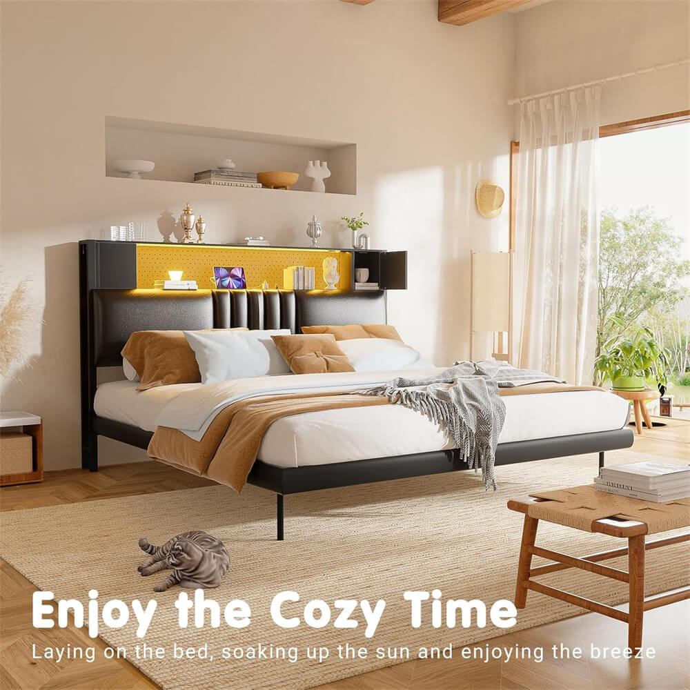 Upholstered Headboard for Full Size Bed Frame with Storage Shelf and Cabinet, Headboards with Outlets and RGB LED Light