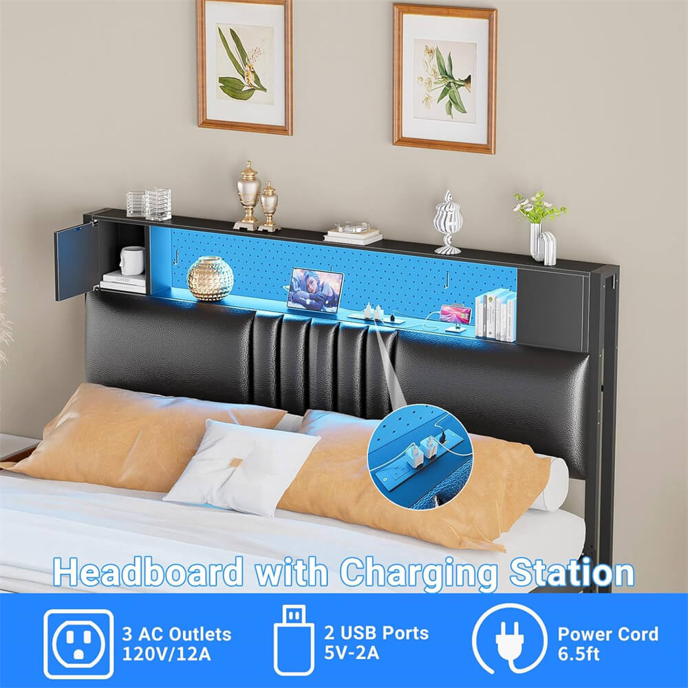 Upholstered Headboard for Full Size Bed Frame with Storage Shelf and Cabinet, Headboards with Outlets and RGB LED Light