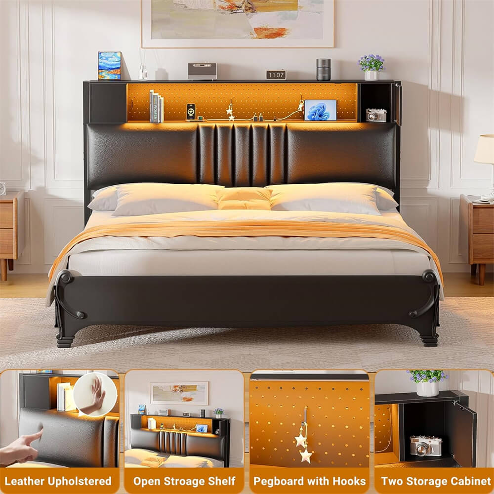Upholstered Headboard for Full Size Bed Frame with Storage Shelf and Cabinet, Headboards with Outlets and RGB LED Light