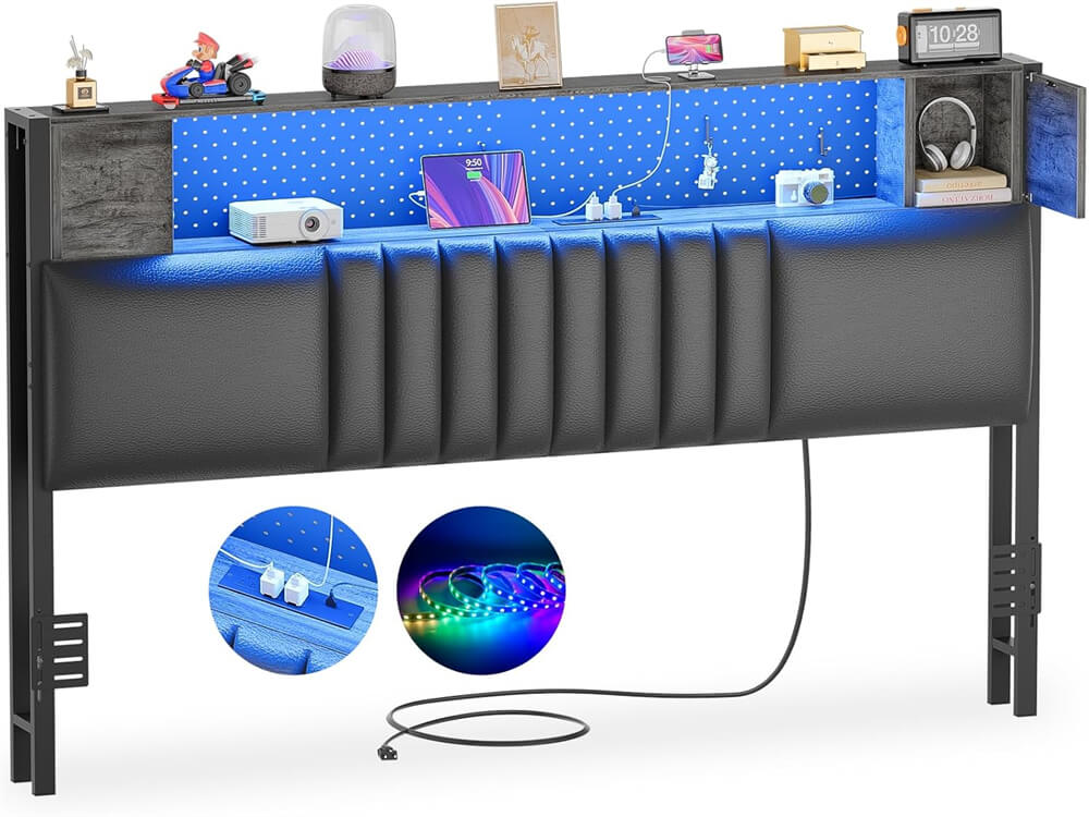 Upholstered Headboard for Queen Size Bed Frame with Storage Shelf, Headboards with Outlets and RGB LED Light