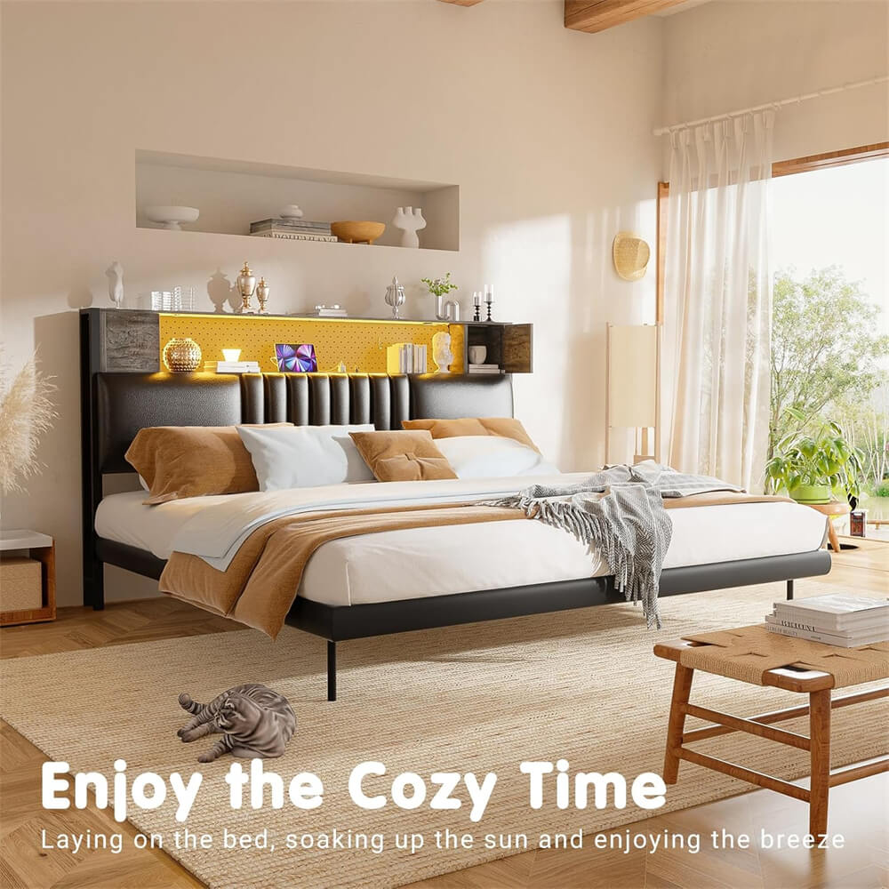 Upholstered Headboard for Queen Size Bed Frame with Storage Shelf, Headboards with Outlets and RGB LED Light