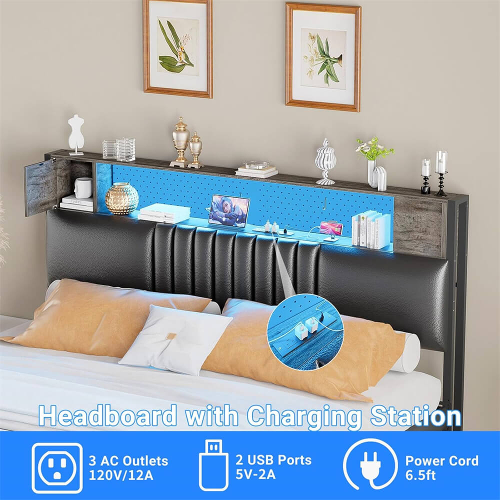 Upholstered Headboard for Queen Size Bed Frame with Storage Shelf, Headboards with Outlets and RGB LED Light