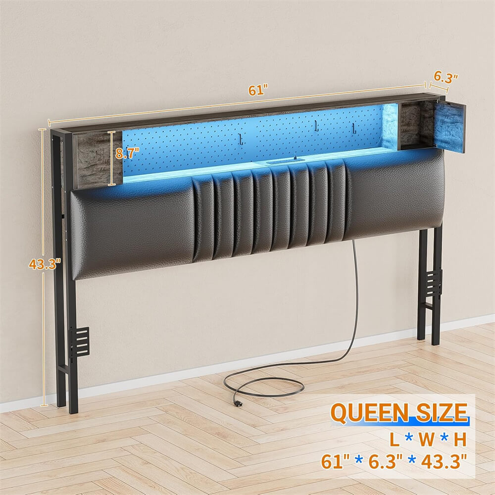 Upholstered Headboard for Queen Size Bed Frame with Storage Shelf, Headboards with Outlets and RGB LED Light