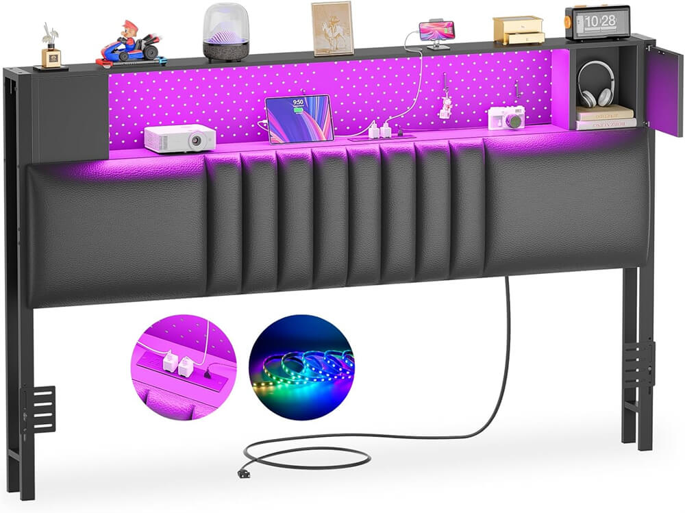 Upholstered Headboard for Queen Size Bed Frame with Storage Shelf, Headboards with Outlets and RGB LED Light