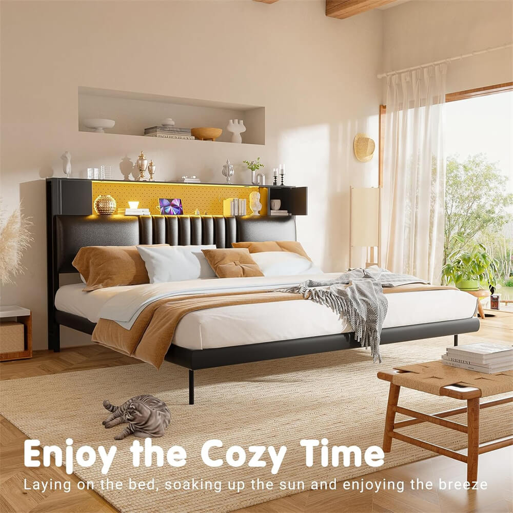 Upholstered Headboard for Queen Size Bed Frame with Storage Shelf, Headboards with Outlets and RGB LED Light