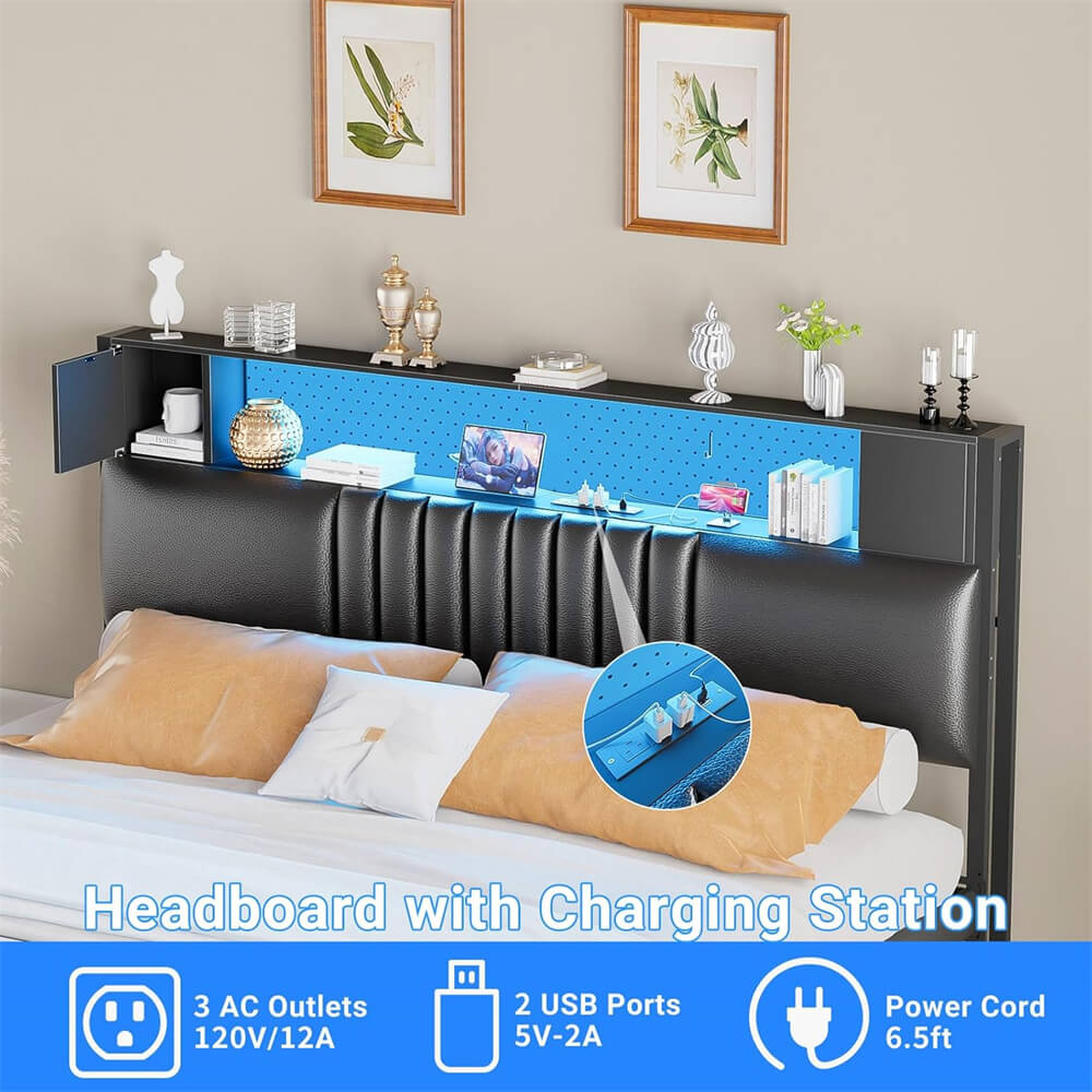 Upholstered Headboard for Queen Size Bed Frame with Storage Shelf, Headboards with Outlets and RGB LED Light