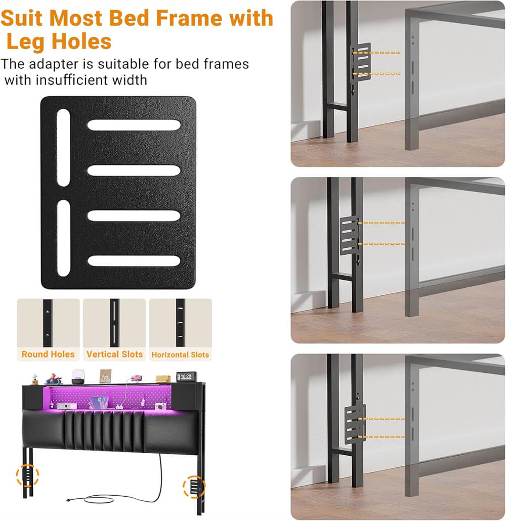 Upholstered Headboard for Queen Size Bed Frame with Storage Shelf, Headboards with Outlets and RGB LED Light