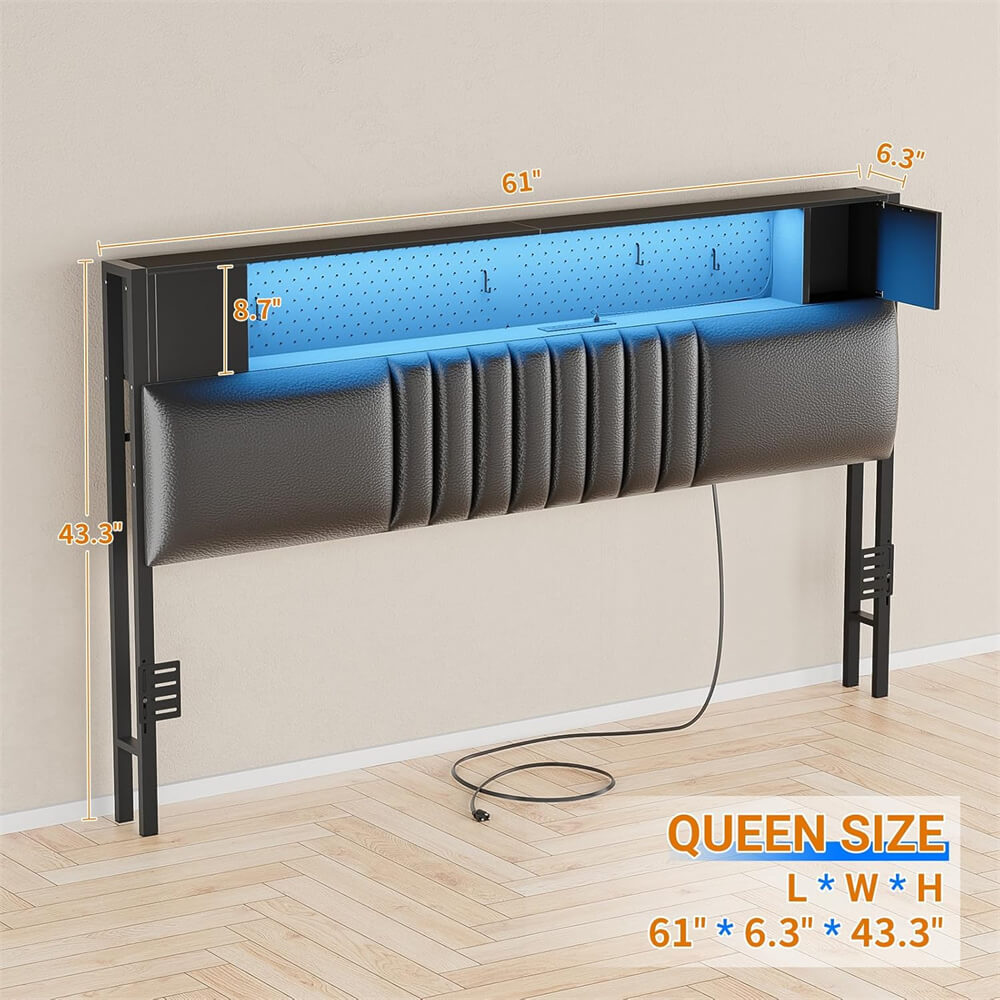 Upholstered Headboard for Queen Size Bed Frame with Storage Shelf, Headboards with Outlets and RGB LED Light