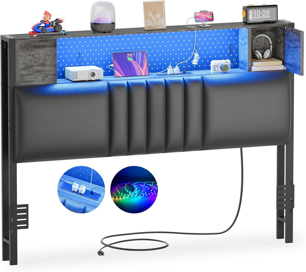 Upholstered Headboard for Twin Size Bed Frame with Storage Shelf and Cabinet, Headboards with Outlets and RGB LED Light