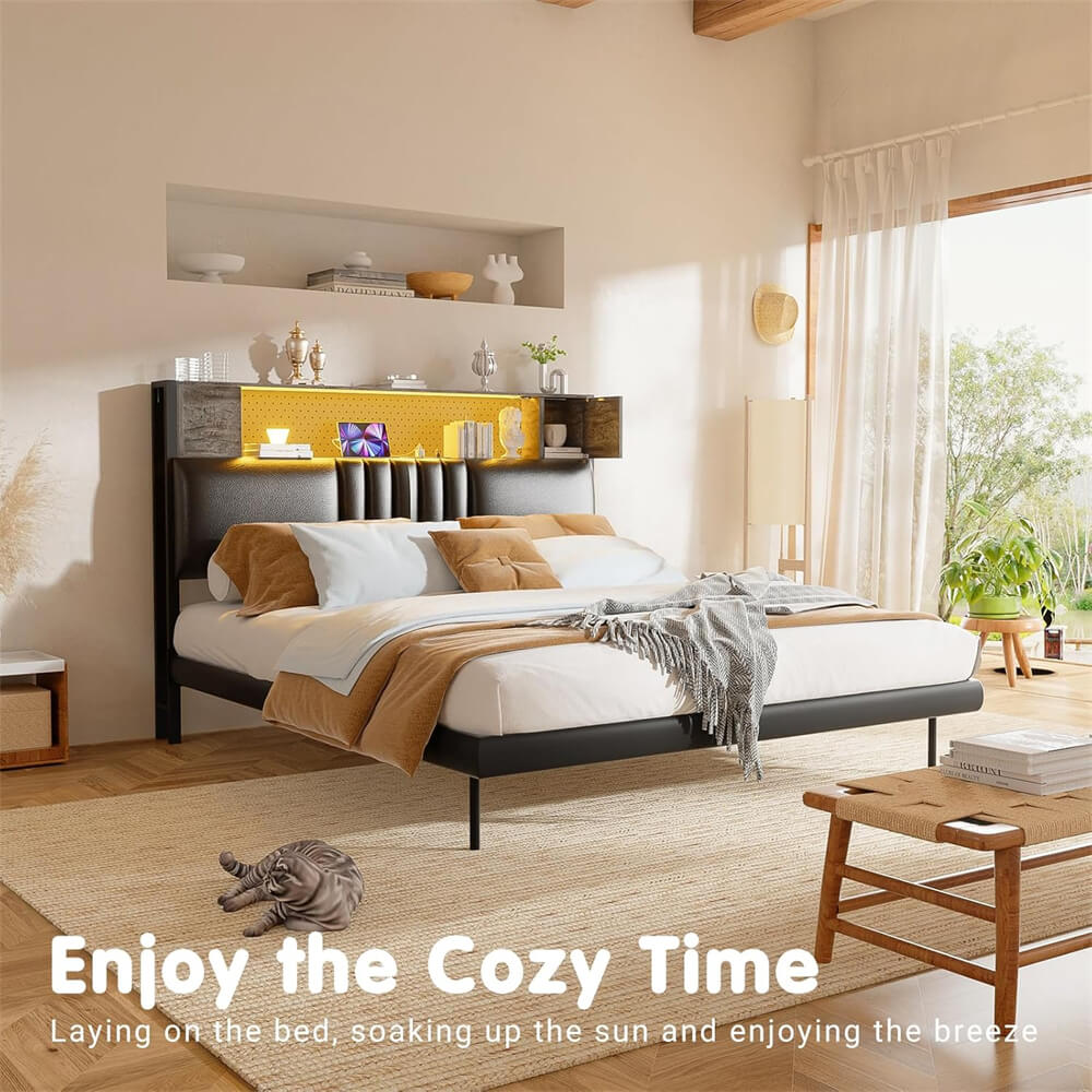 Upholstered Headboard for Twin Size Bed Frame with Storage Shelf and Cabinet, Headboards with Outlets and RGB LED Light