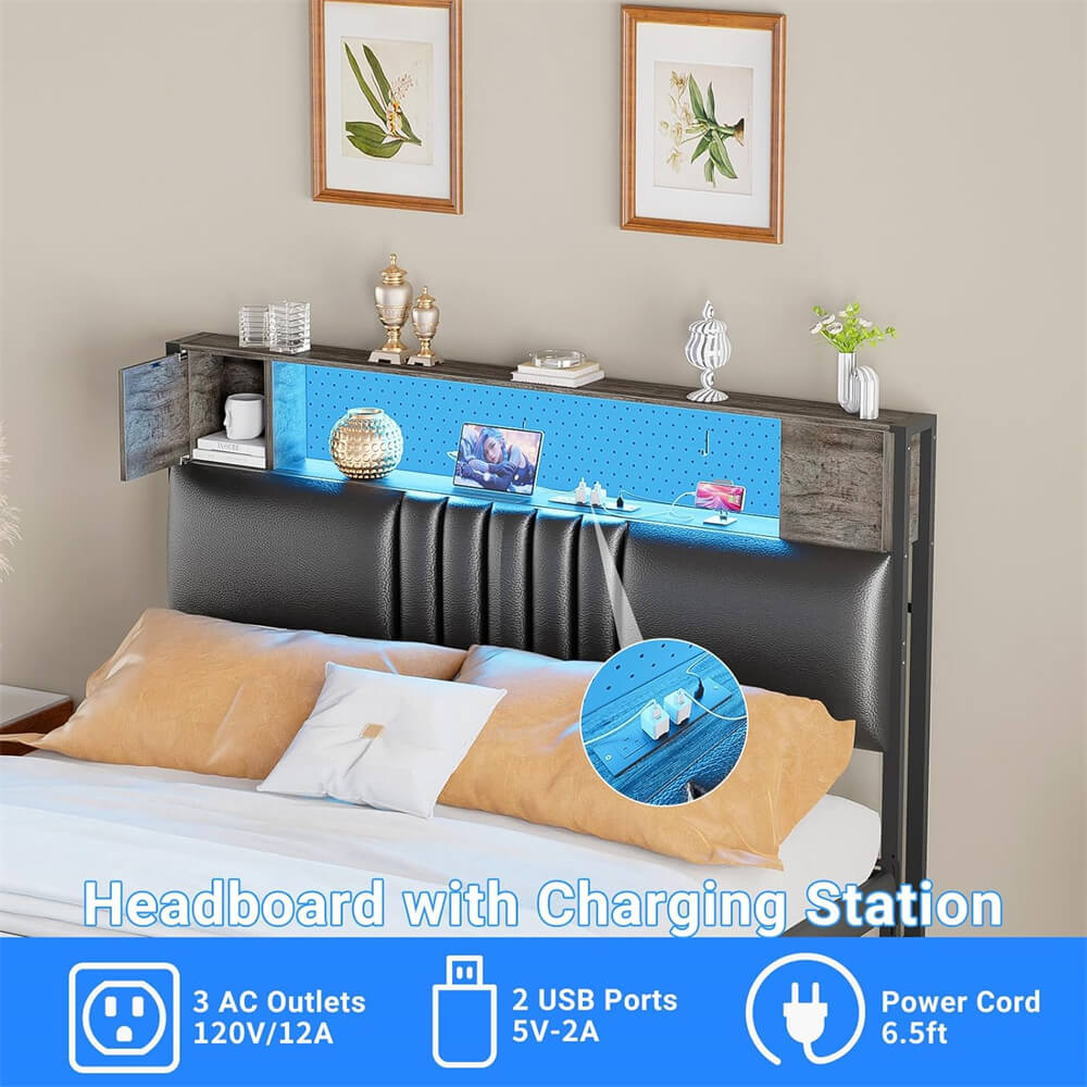 Upholstered Headboard for Twin Size Bed Frame with Storage Shelf and Cabinet, Headboards with Outlets and RGB LED Light