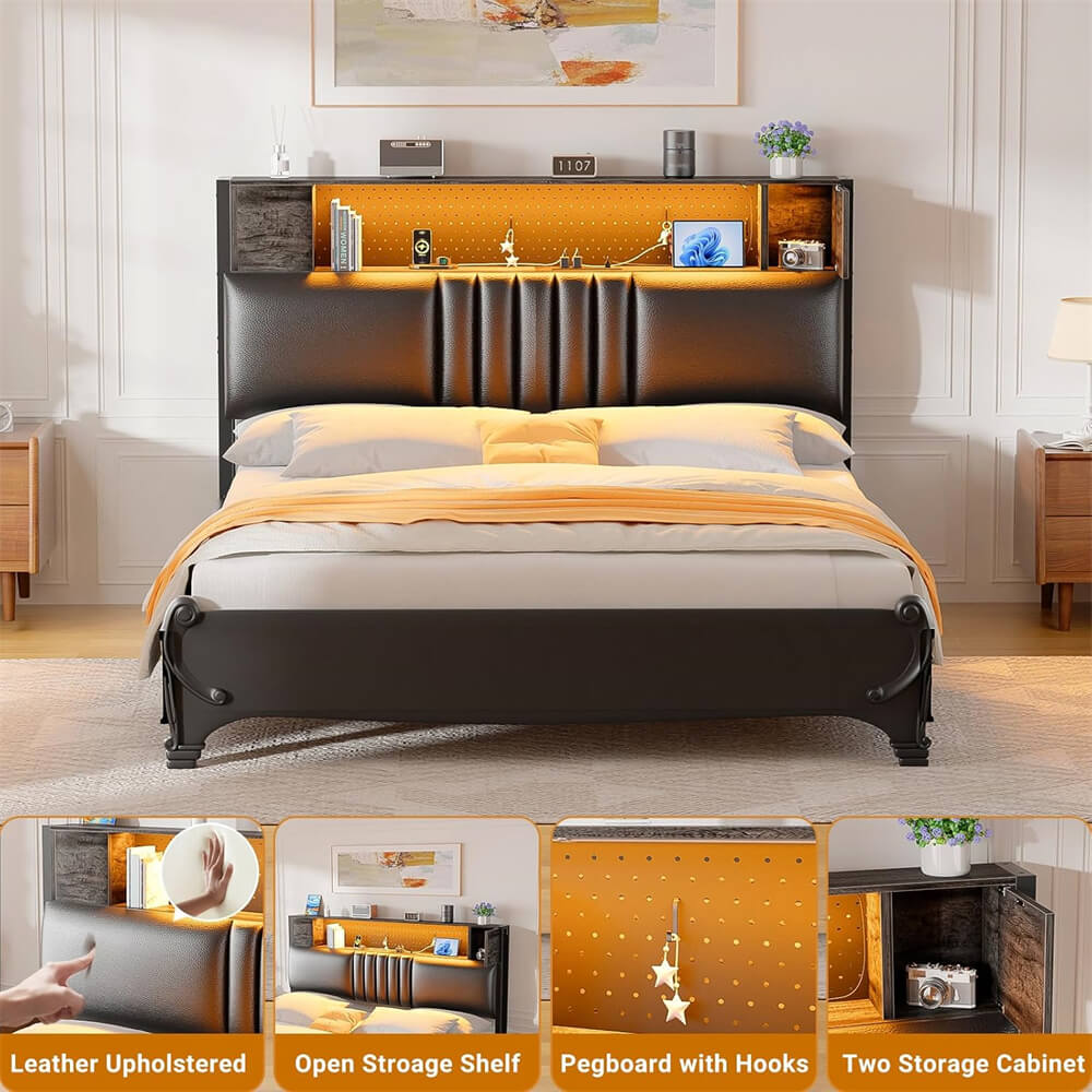 Upholstered Headboard for Twin Size Bed Frame with Storage Shelf and Cabinet, Headboards with Outlets and RGB LED Light