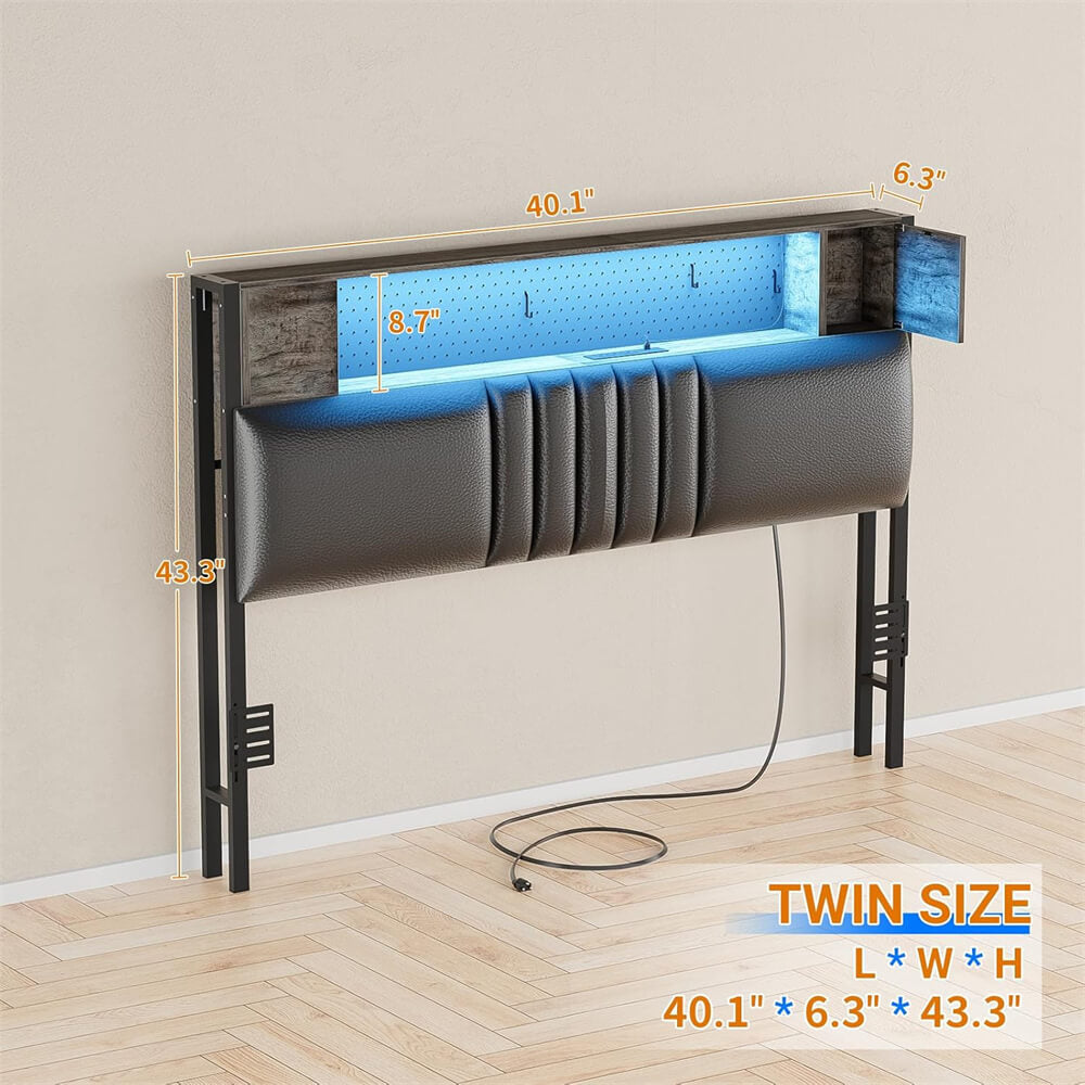 Upholstered Headboard for Twin Size Bed Frame with Storage Shelf and Cabinet, Headboards with Outlets and RGB LED Light