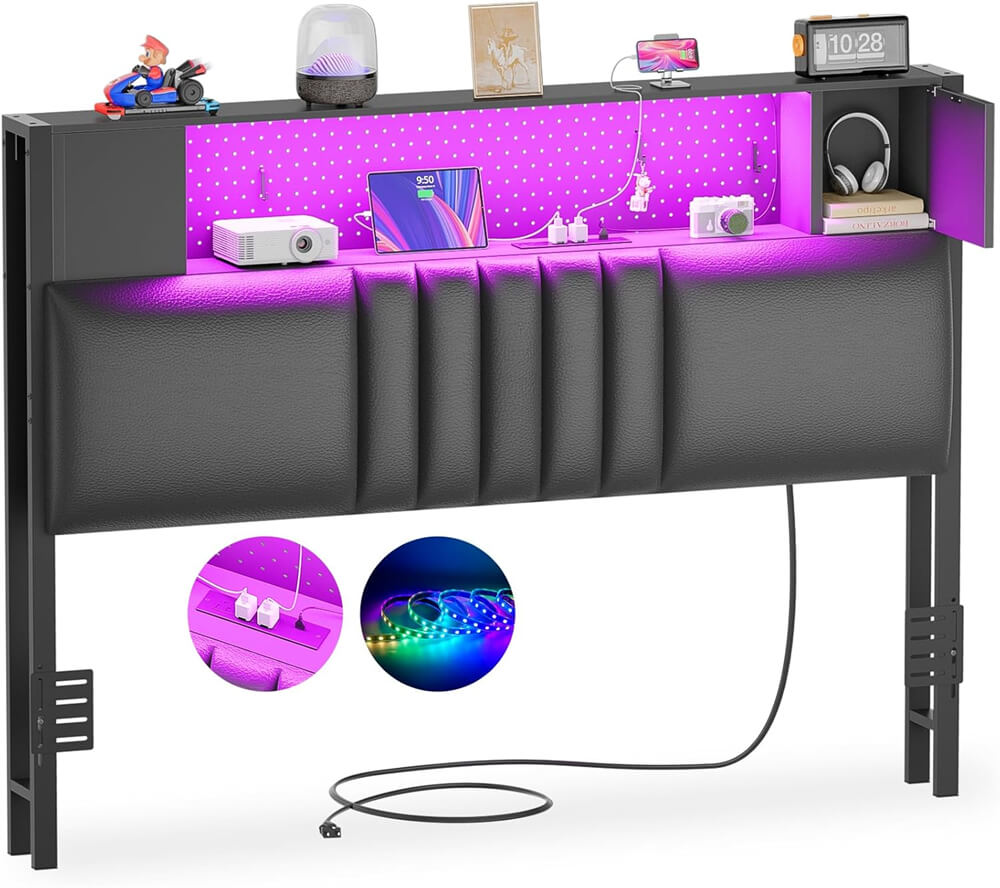 Upholstered Headboard for Twin Size Bed Frame with Storage Shelf and Cabinet, Headboards with Outlets and RGB LED Light