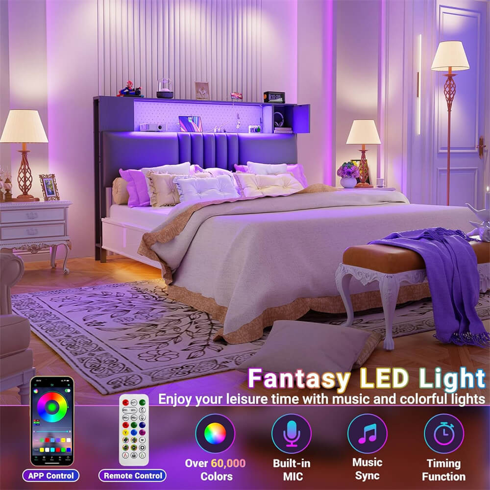 Upholstered Headboard for Twin Size Bed Frame with Storage Shelf and Cabinet, Headboards with Outlets and RGB LED Light