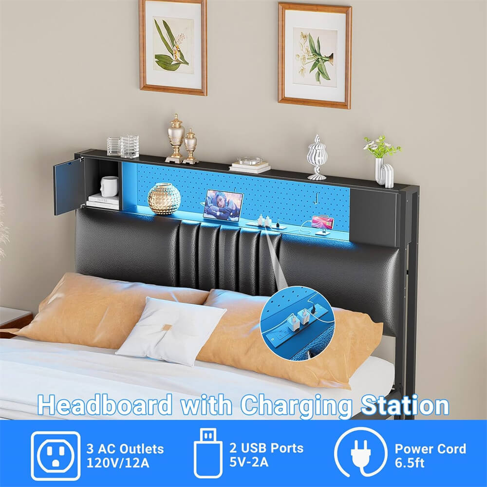 Upholstered Headboard for Twin Size Bed Frame with Storage Shelf and Cabinet, Headboards with Outlets and RGB LED Light