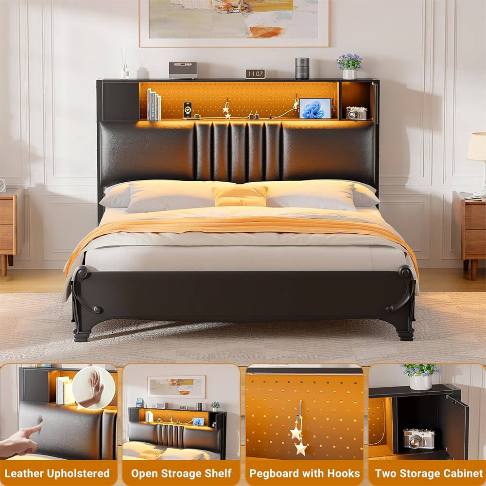 Upholstered Headboard for Twin Size Bed Frame with Storage Shelf and Cabinet, Headboards with Outlets and RGB LED Light
