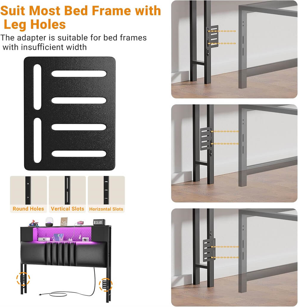 Upholstered Headboard for Twin Size Bed Frame with Storage Shelf and Cabinet, Headboards with Outlets and RGB LED Light