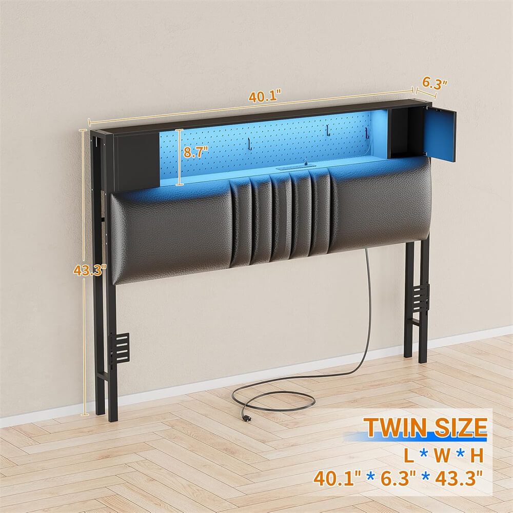 Upholstered Headboard for Twin Size Bed Frame with Storage Shelf and Cabinet, Headboards with Outlets and RGB LED Light