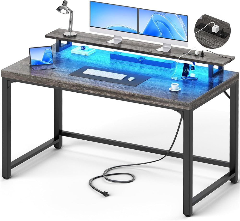 55'' Large Computer Desk with Power Outlets & LED Lights, Modern Thickened PC Writing Desk for Home Office
