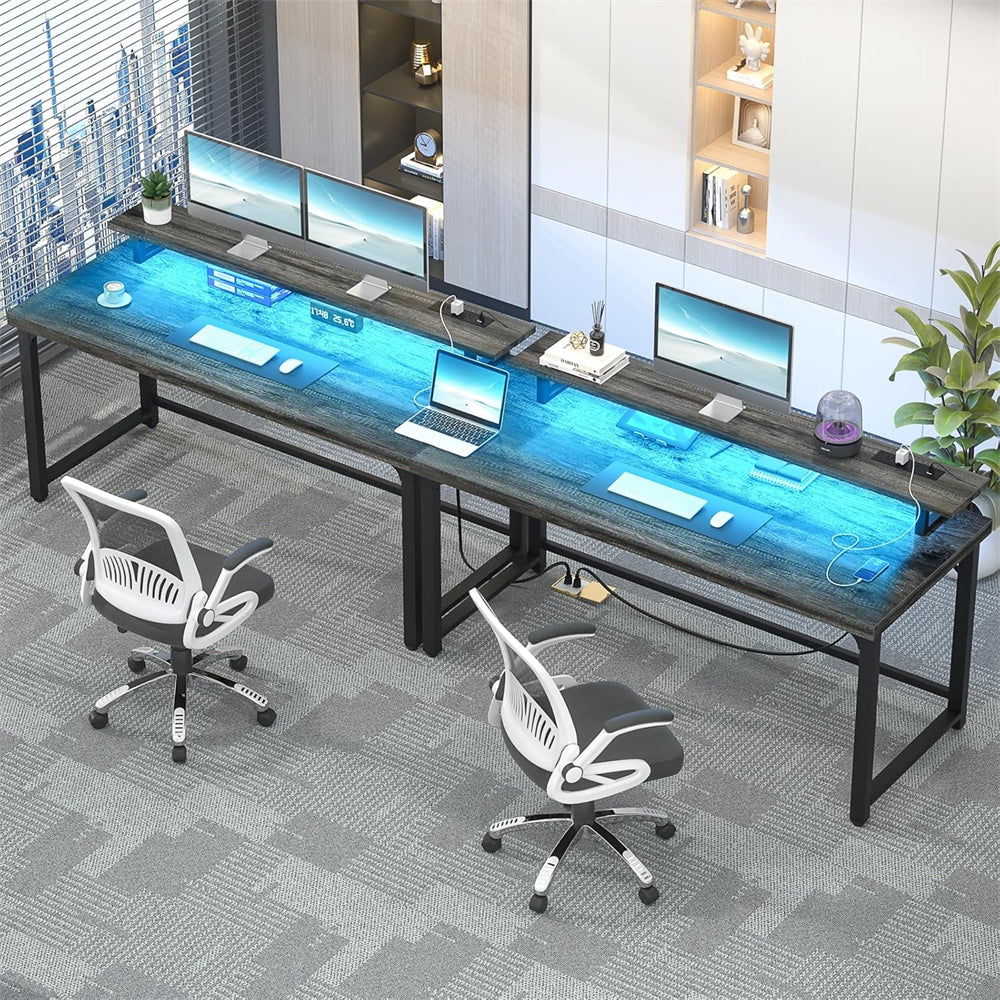 55'' Large Computer Desk with Power Outlets & LED Lights, Modern Thickened PC Writing Desk for Home Office