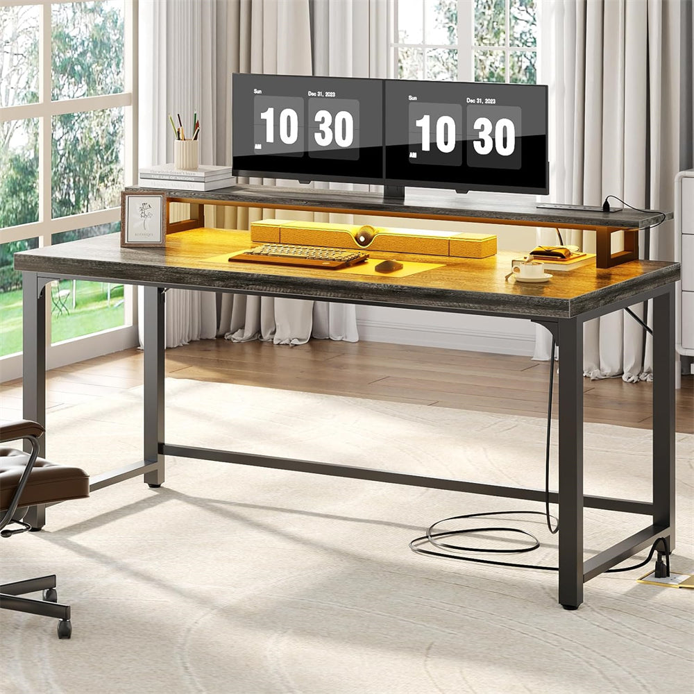 55'' Large Computer Desk with Power Outlets & LED Lights, Modern Thickened PC Writing Desk for Home Office
