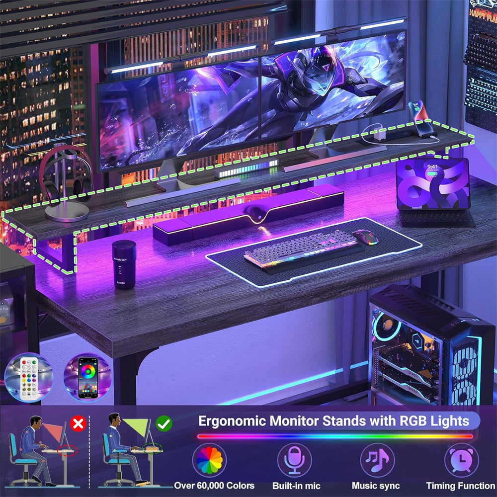 55'' Large Computer Desk with Power Outlets & LED Lights, Modern Thickened PC Writing Desk for Home Office