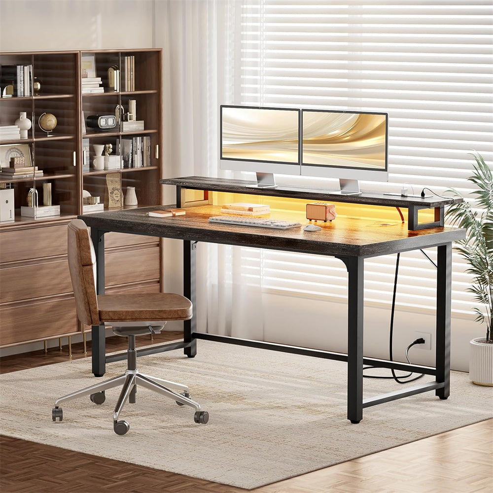 55'' Large Computer Desk with Power Outlets & LED Lights, Modern Thickened PC Writing Desk for Home Office