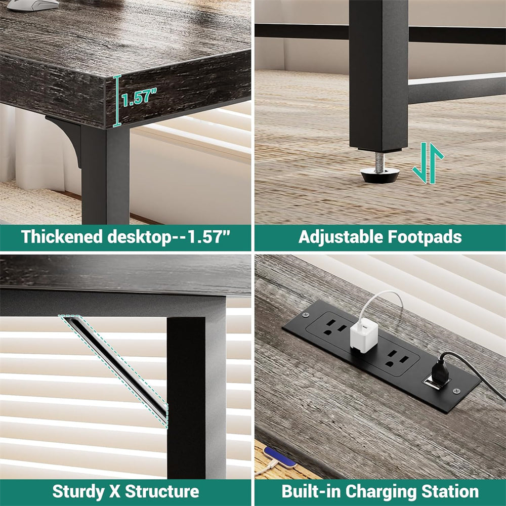 55'' Large Computer Desk with Power Outlets & LED Lights, Modern Thickened PC Writing Desk for Home Office
