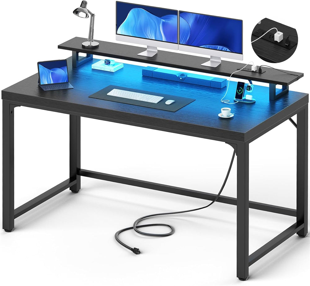 55'' Large Computer Desk with Power Outlets & LED Lights, Modern Thickened PC Writing Desk for Home Office