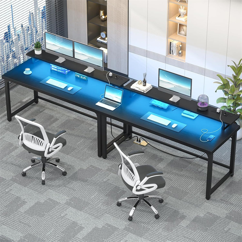 55'' Large Computer Desk with Power Outlets & LED Lights, Modern Thickened PC Writing Desk for Home Office