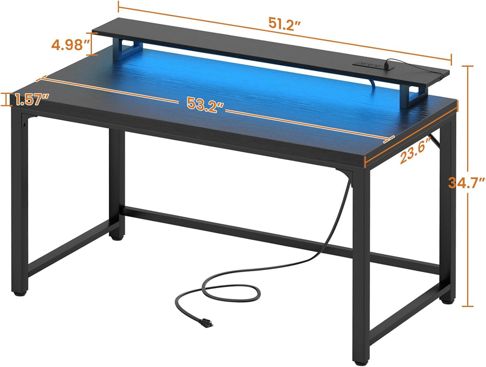 55'' Large Computer Desk with Power Outlets & LED Lights, Modern Thickened PC Writing Desk for Home Office