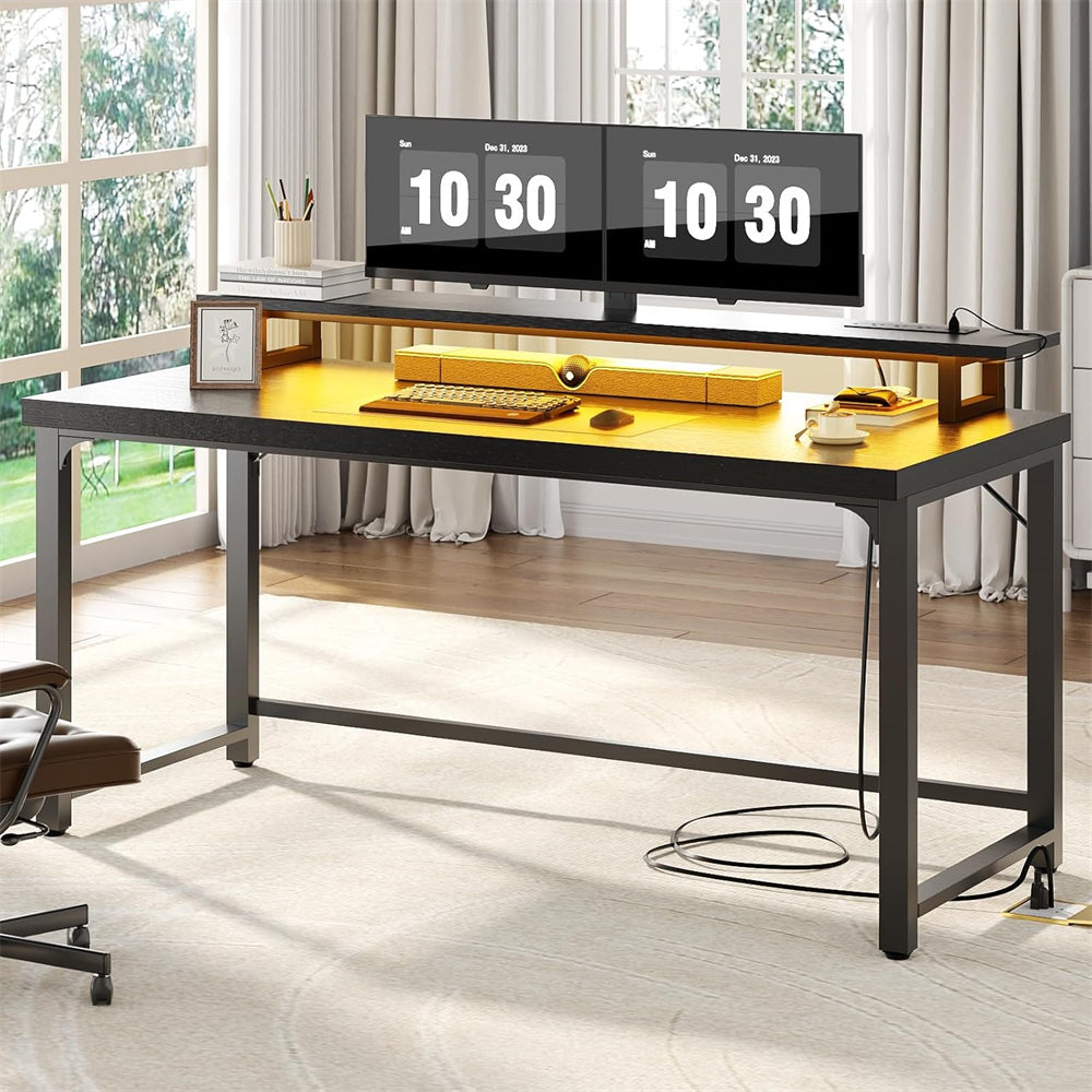 55'' Large Computer Desk with Power Outlets & LED Lights, Modern Thickened PC Writing Desk for Home Office