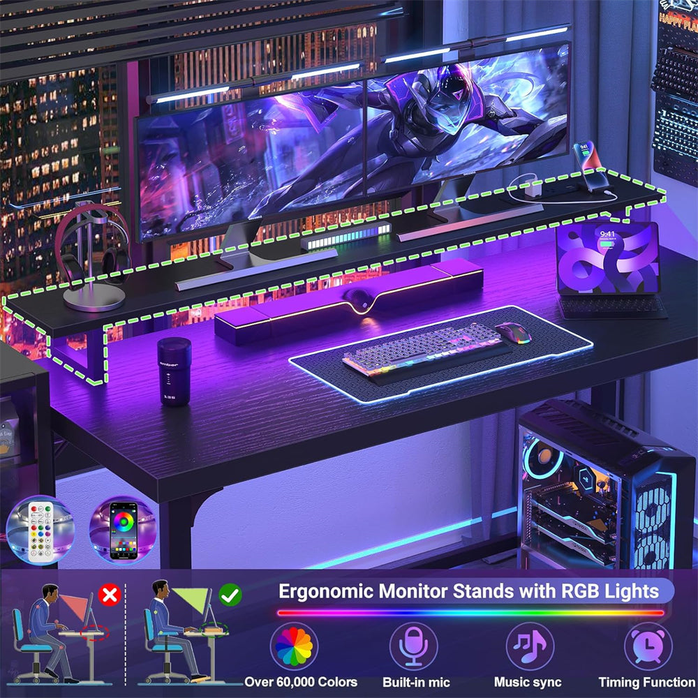 55'' Large Computer Desk with Power Outlets & LED Lights, Modern Thickened PC Writing Desk for Home Office