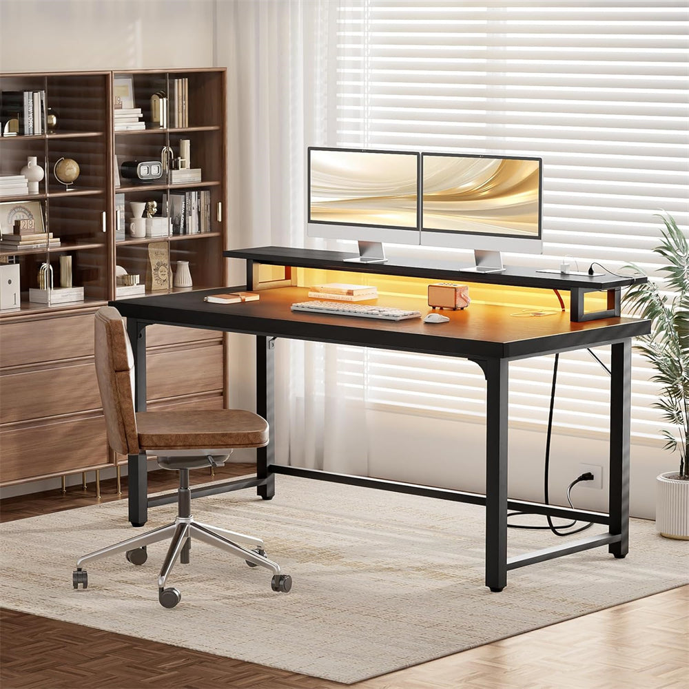 55'' Large Computer Desk with Power Outlets & LED Lights, Modern Thickened PC Writing Desk for Home Office