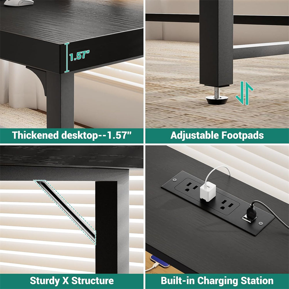 55'' Large Computer Desk with Power Outlets & LED Lights, Modern Thickened PC Writing Desk for Home Office