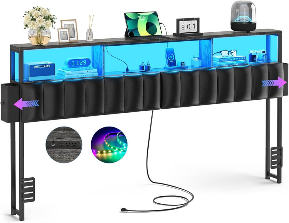 Upholstered King Headboard with 2 Hidden Storage Drawers, Headboard for King Size Bed with Power Outlet and LED Light