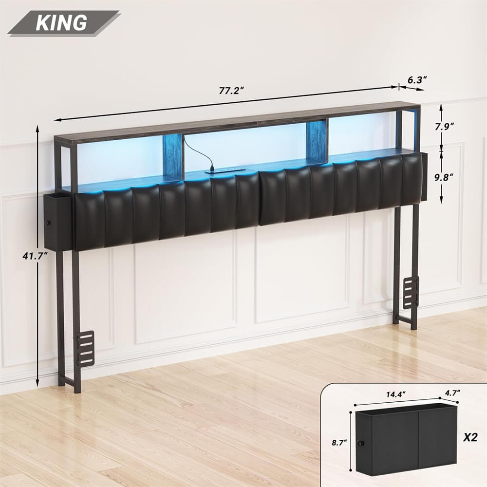 Upholstered King Headboard with 2 Hidden Storage Drawers, Headboard for King Size Bed with Power Outlet and LED Light