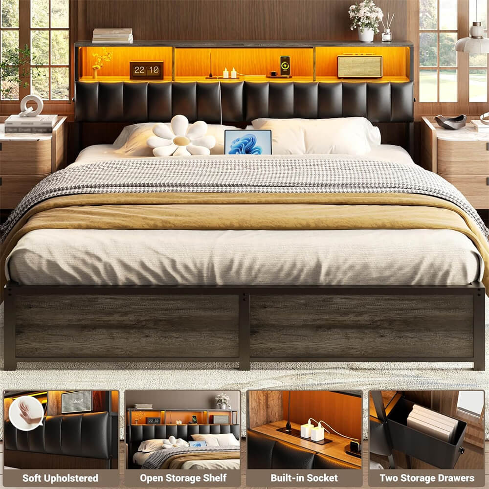 Upholstered King Headboard with 2 Hidden Storage Drawers, Headboard for King Size Bed with Power Outlet and LED Light