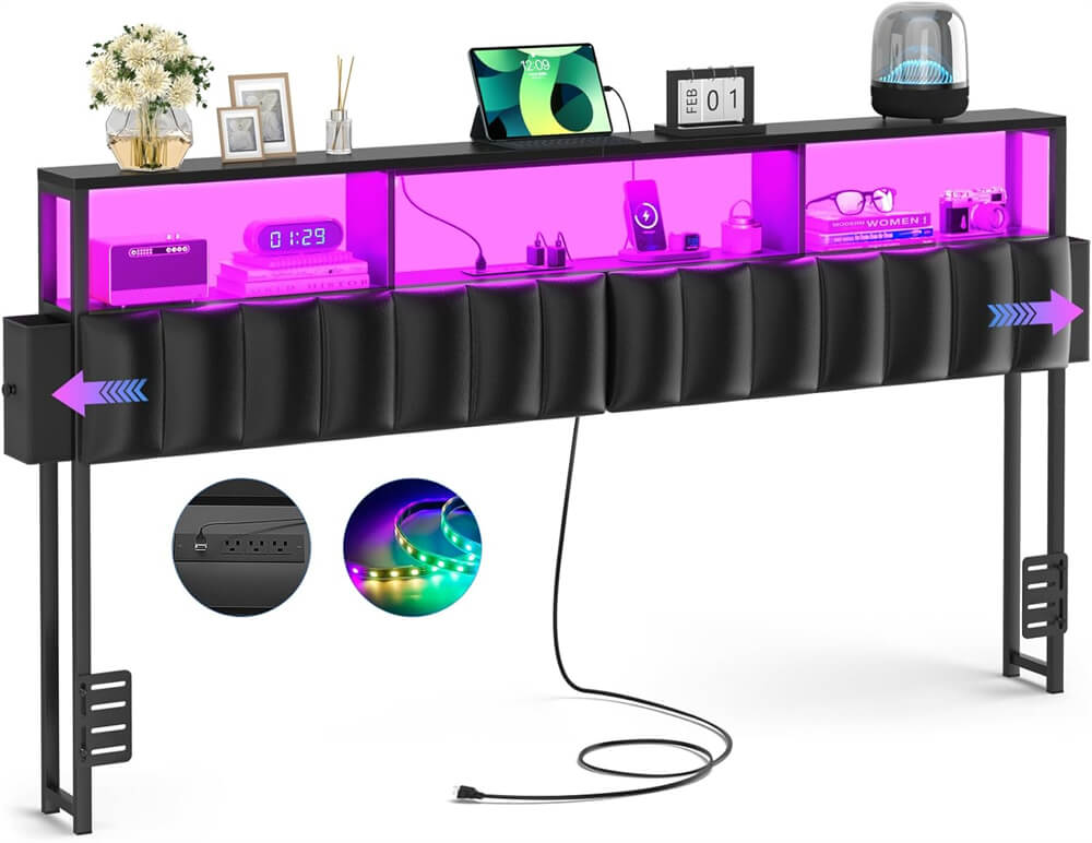 Upholstered King Headboard with 2 Hidden Storage Drawers, Headboard for King Size Bed with Power Outlet and LED Light