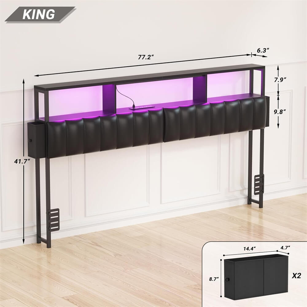 Upholstered King Headboard with 2 Hidden Storage Drawers, Headboard for King Size Bed with Power Outlet and LED Light