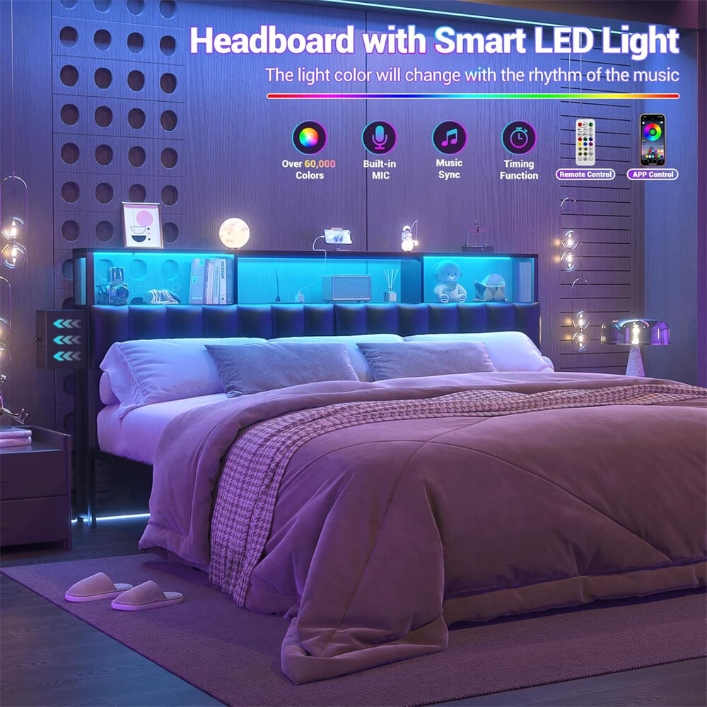 Upholstered King Headboard with 2 Hidden Storage Drawers, Headboard for King Size Bed with Power Outlet and LED Light